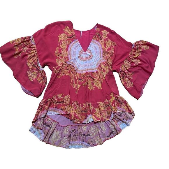 Free People Sunset Dreams printed flare sleeve blouse sz Small red - Picture 6 of 16